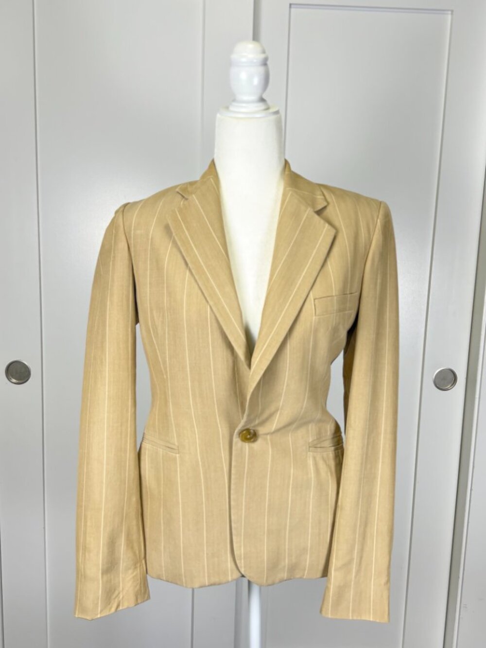 Ralph Lauren Purple Label 100% SILK Blazer Jacket Size 6 Tan w/ Ivory Stripes